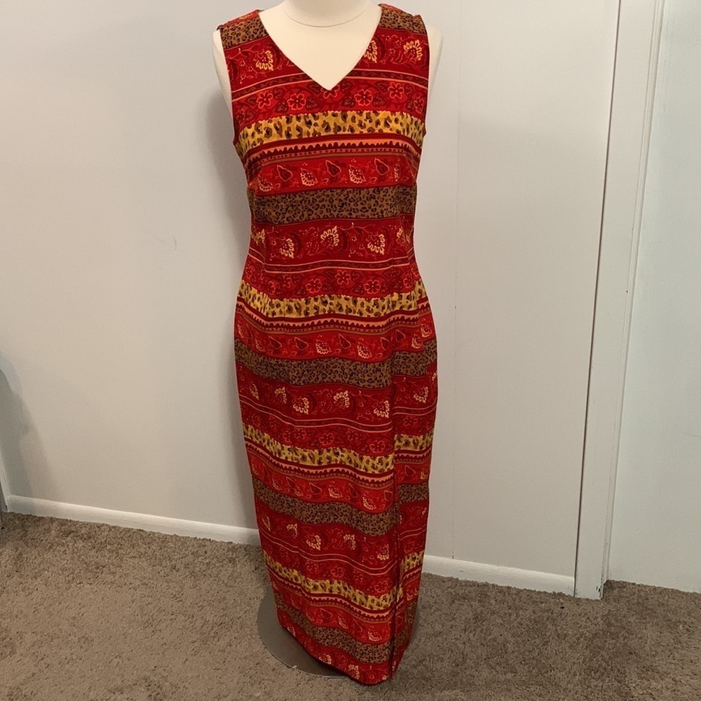 Sag Harbor Dress Colorful Midi dress, Size 14, needs repair on slit, reduced